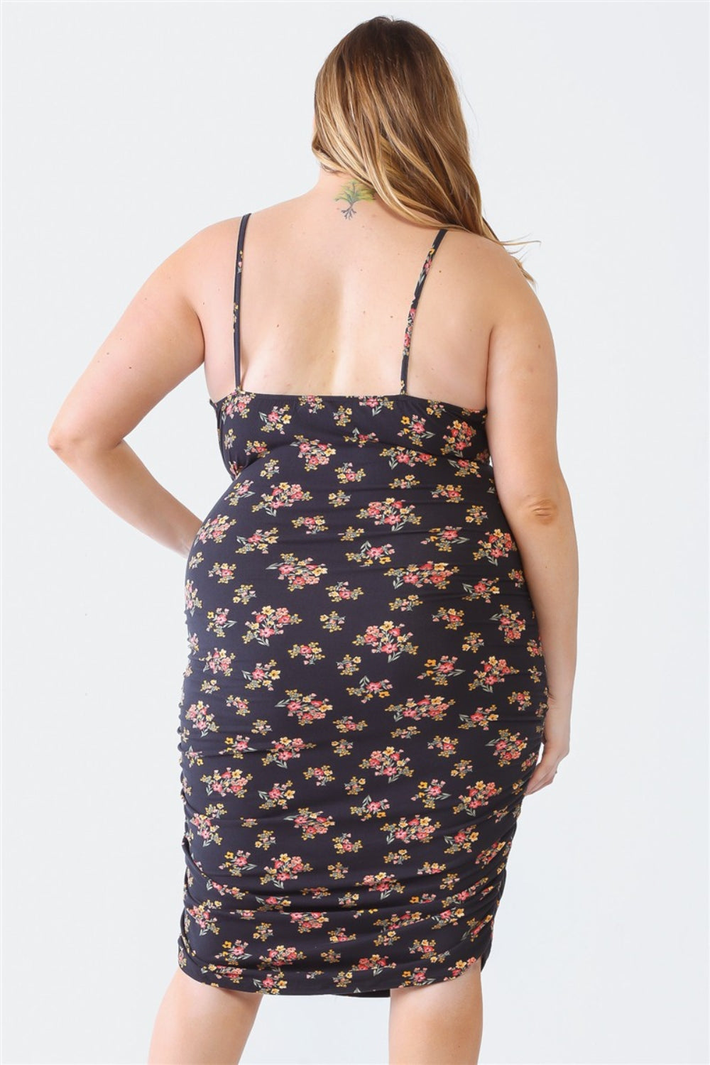 Plus Size Ruched Floral Square Neck Cami Dress - Black