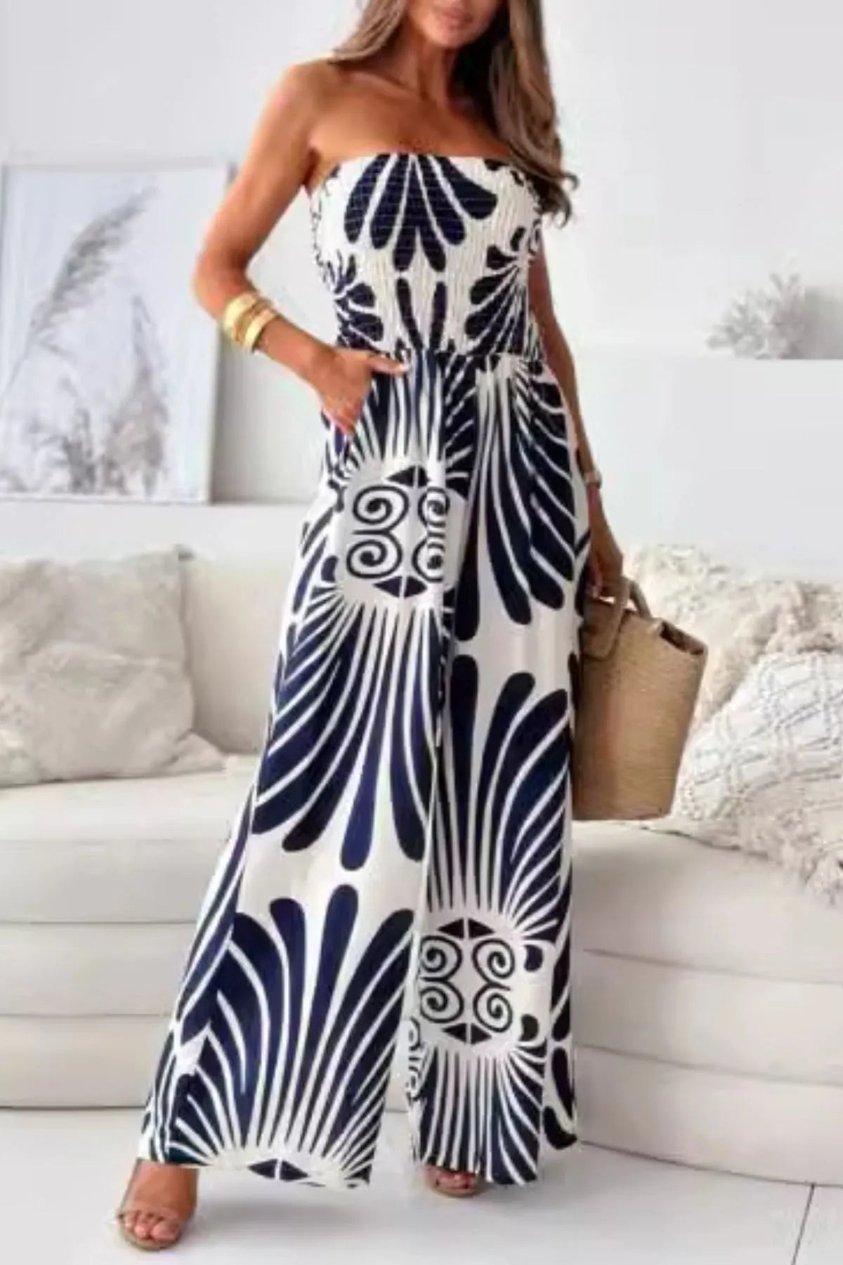 Printed Smocked Tube Wide Leg Jumpsuit - Navy Blue
