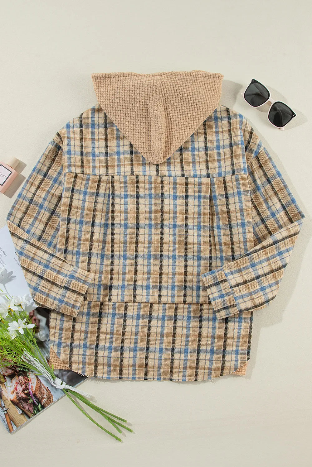 Waffle Knit Patchwork Hooded Plaid Shacket - Multicolor