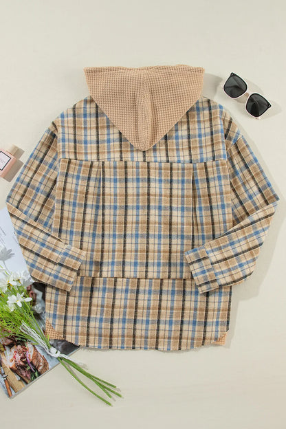 Waffle Knit Patchwork Hooded Plaid Shacket - Multicolor