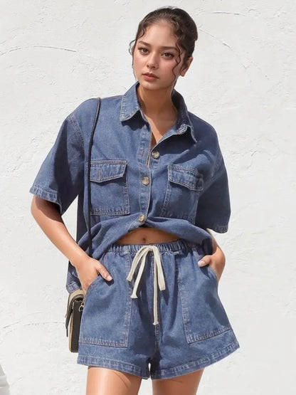 Collared Neck Button Up Top and Shorts Denim Set - Medium
