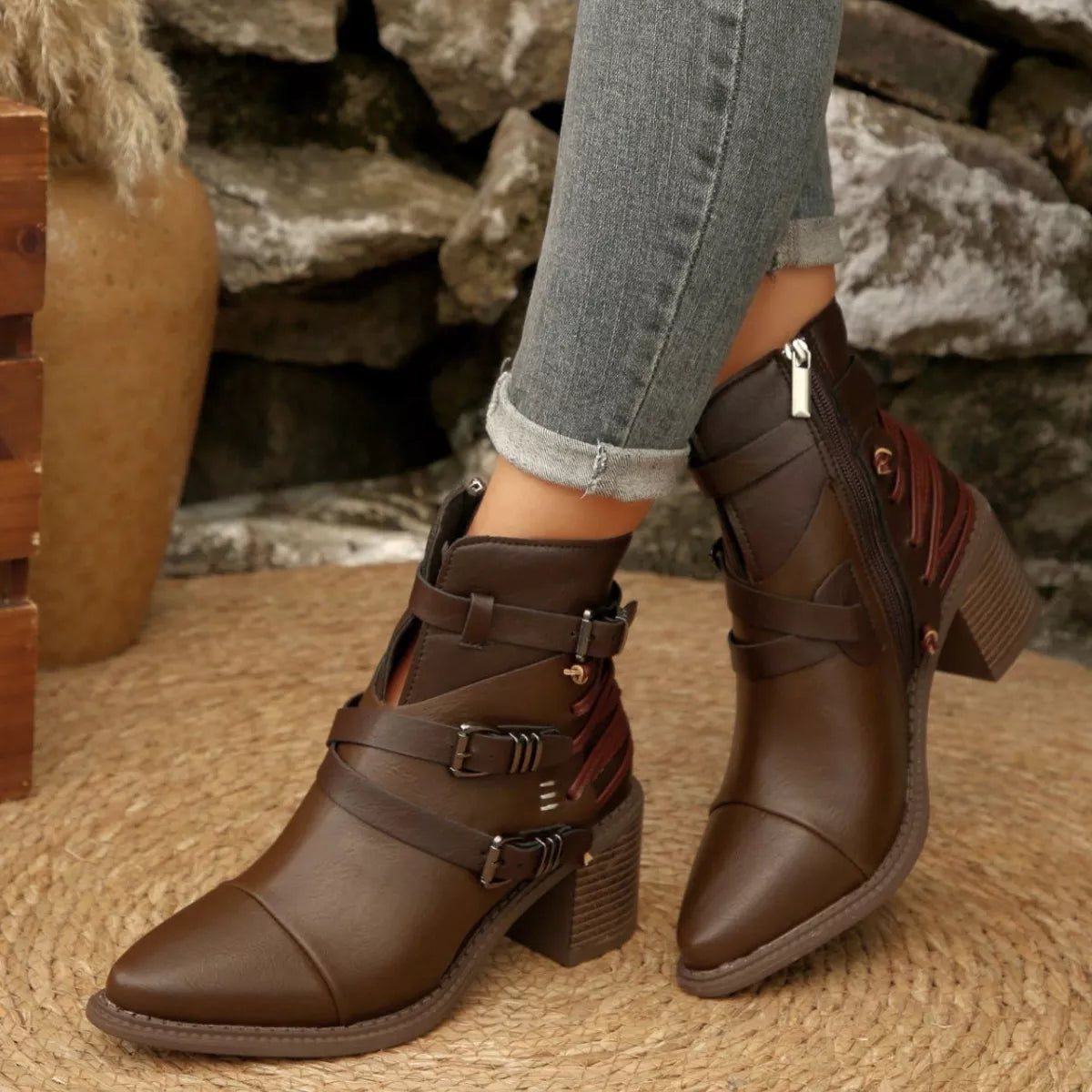 Point Toe Buckle Strap Ankle Boots -