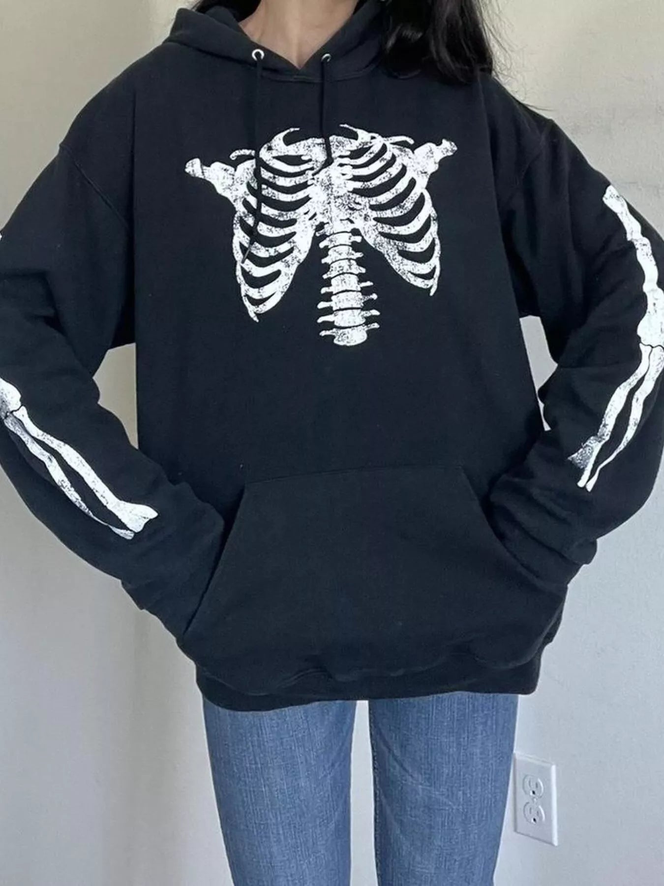 Drawstring Skeleton Long Sleeve Hoodie -