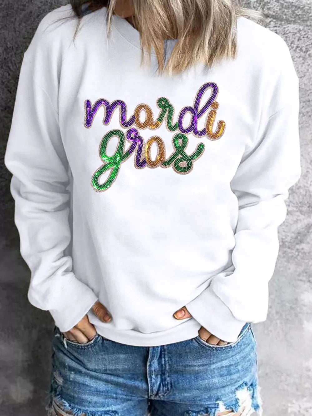 MARDI GRAS Sequin Long Sleeve Sweatshirt -