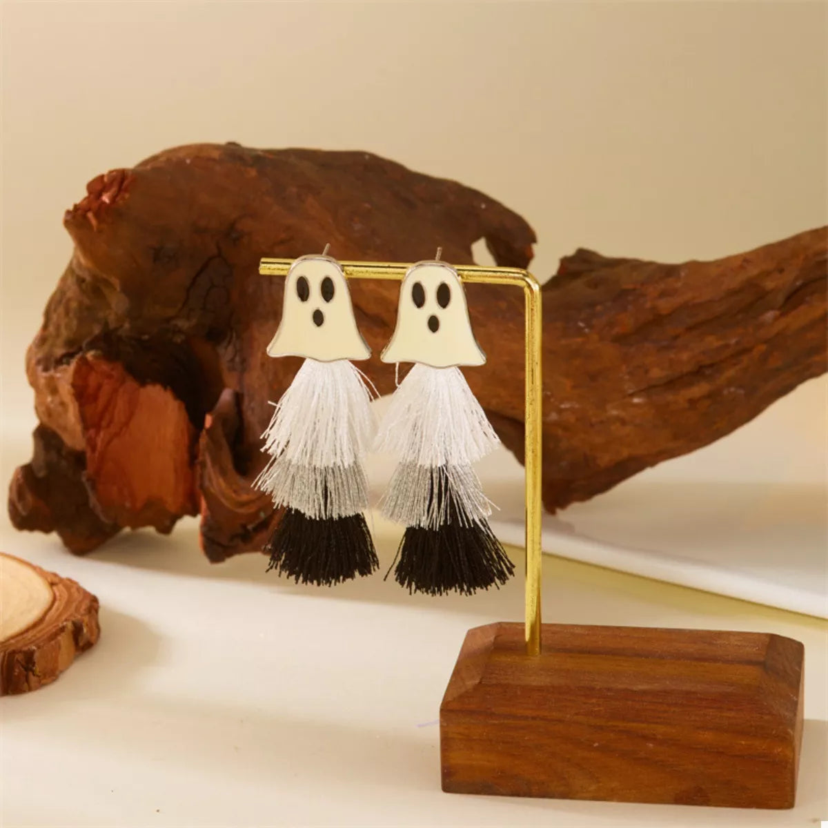 Ghost and Pumpkin Dangle Earrings - Black White Tassel Ghost One Size