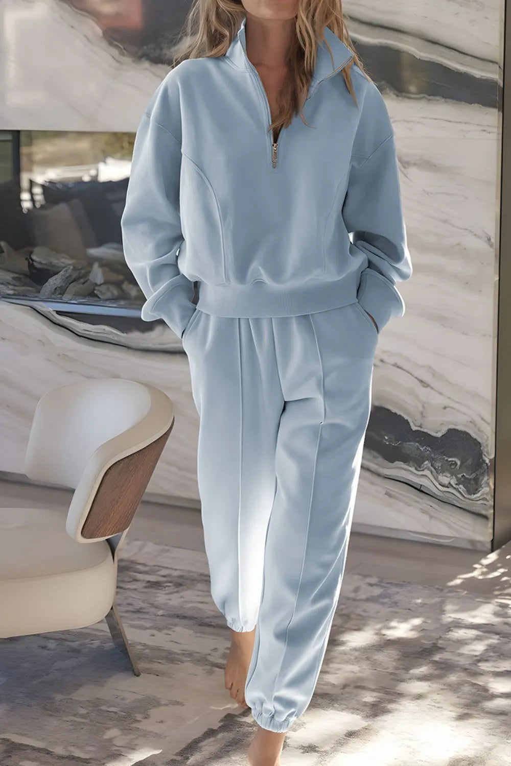 Half Zip Long Sleeve Top and Joggers Set - Light Blue