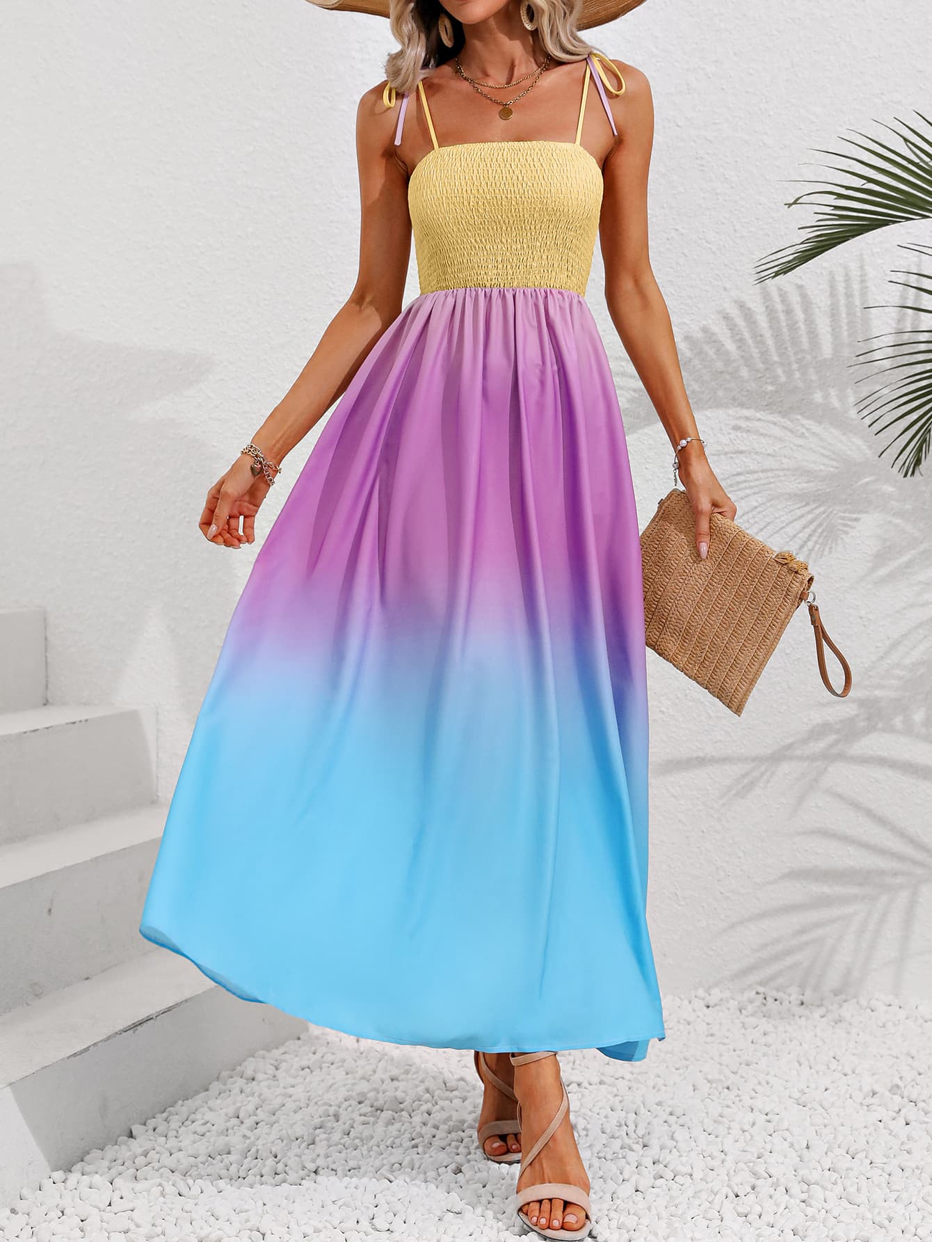 Color Block Tie Shoulder Smocked Maxi Dress | AdoreStarr