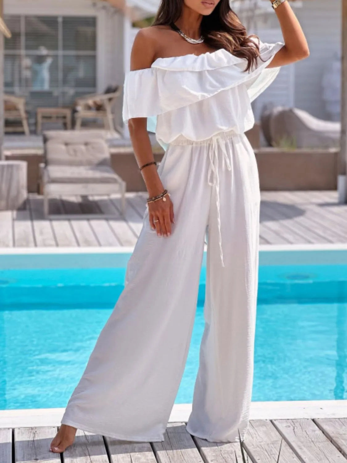 Off-Shoulder Ruffled Wide Leg Jumpsuit -