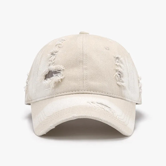 Distressed Adjustable Cotton Baseball Cap - Ivory One Size