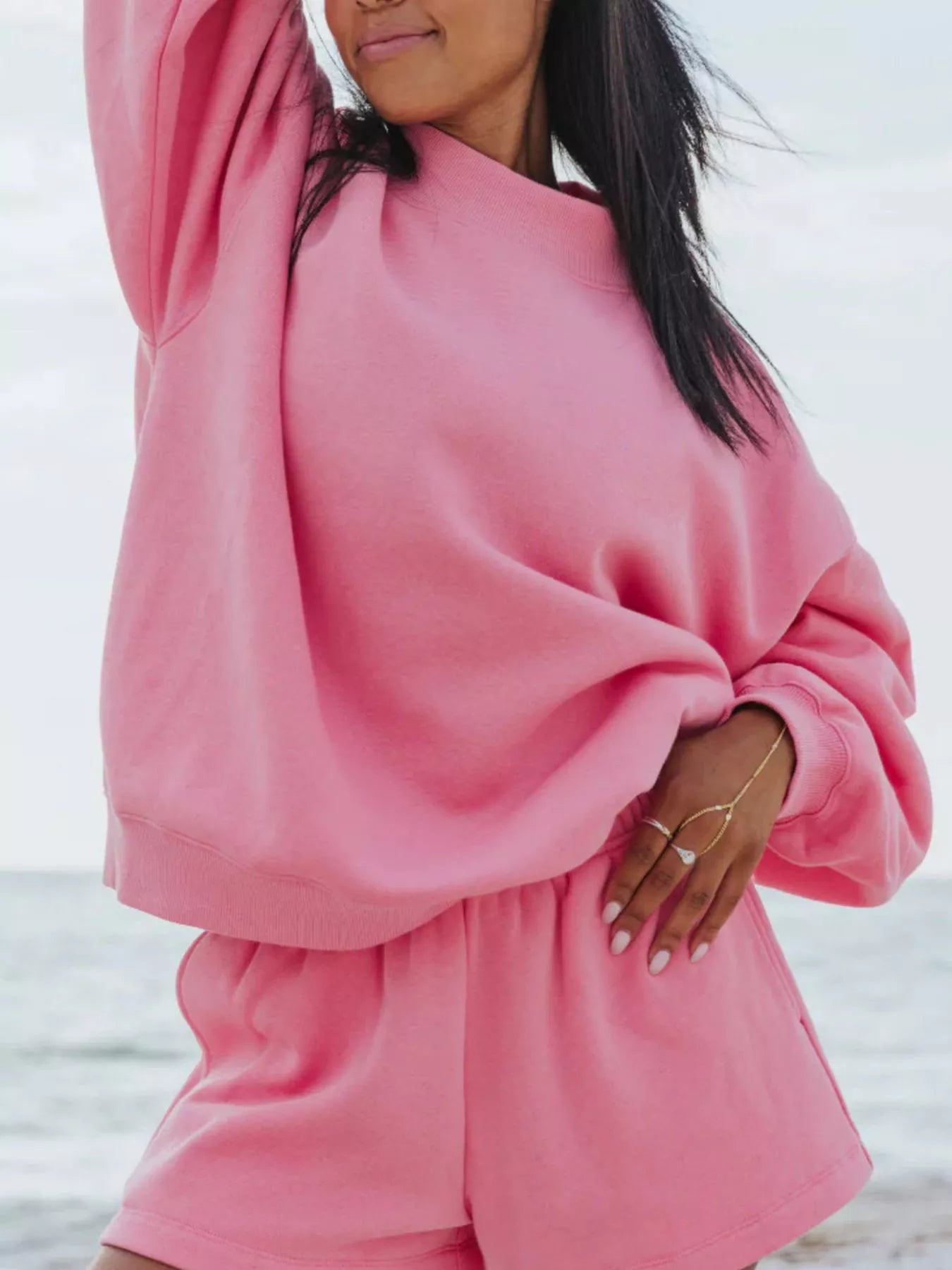 Relaxed Fit Round Neck Sweatshirt and Shorts Set -