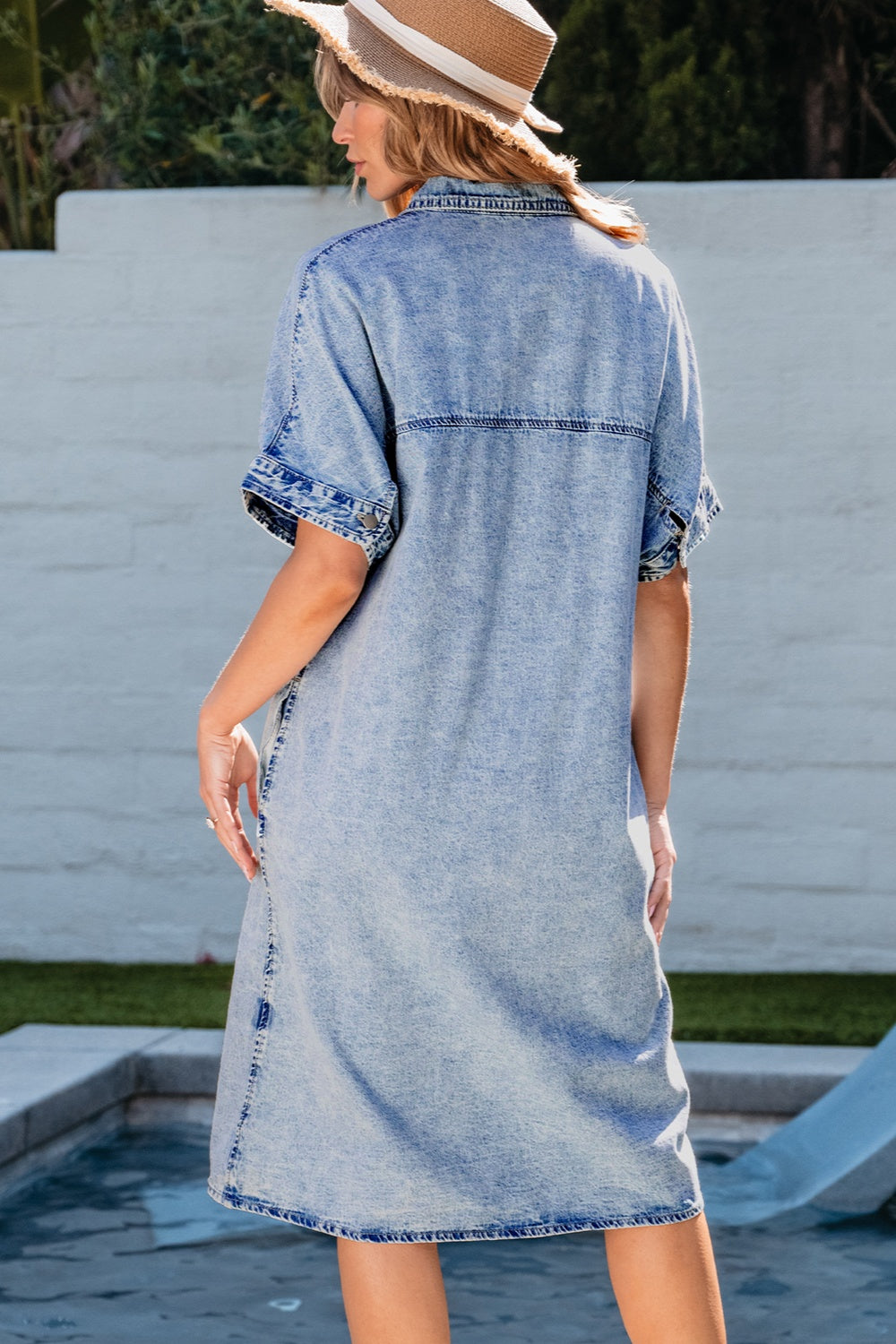 Pocketed Button Up Half Sleeve Denim Dress - Medium