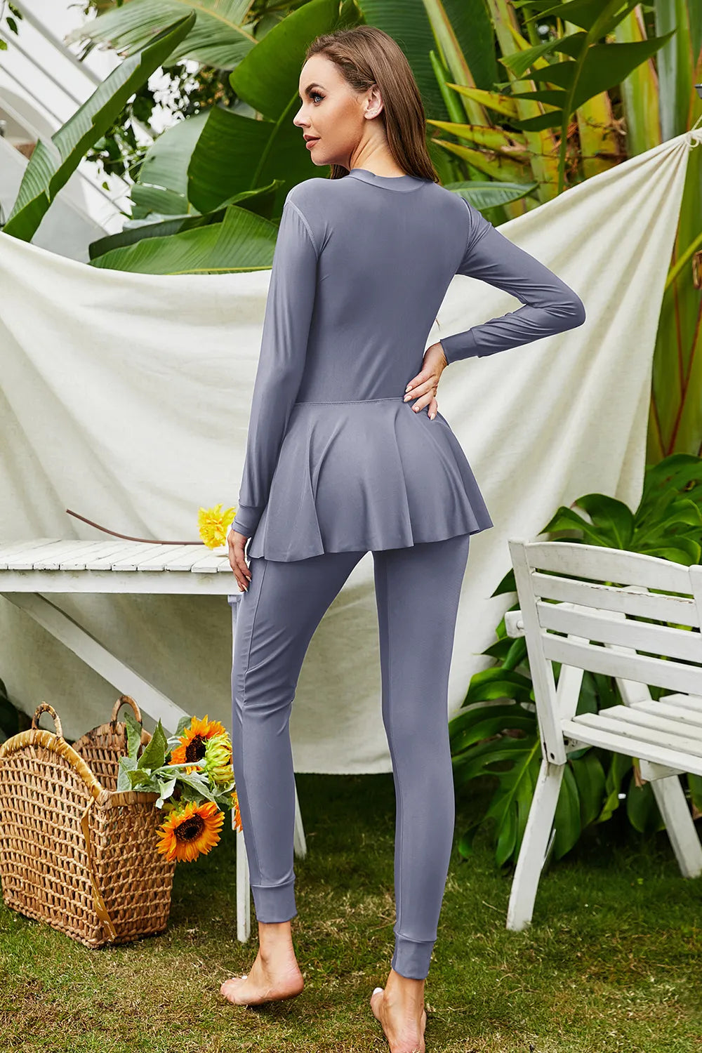 Mock Neck Long Sleeve One-Piece Swimwear - Dark Gray