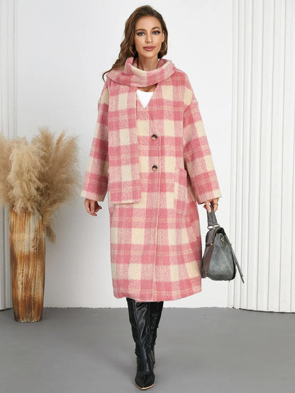 Plaid Button Up Long Sleeve Coat - Burnt Coral