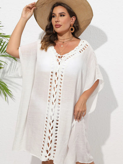 Crochet Trim V-Neck Beach Cover-Up Dress -