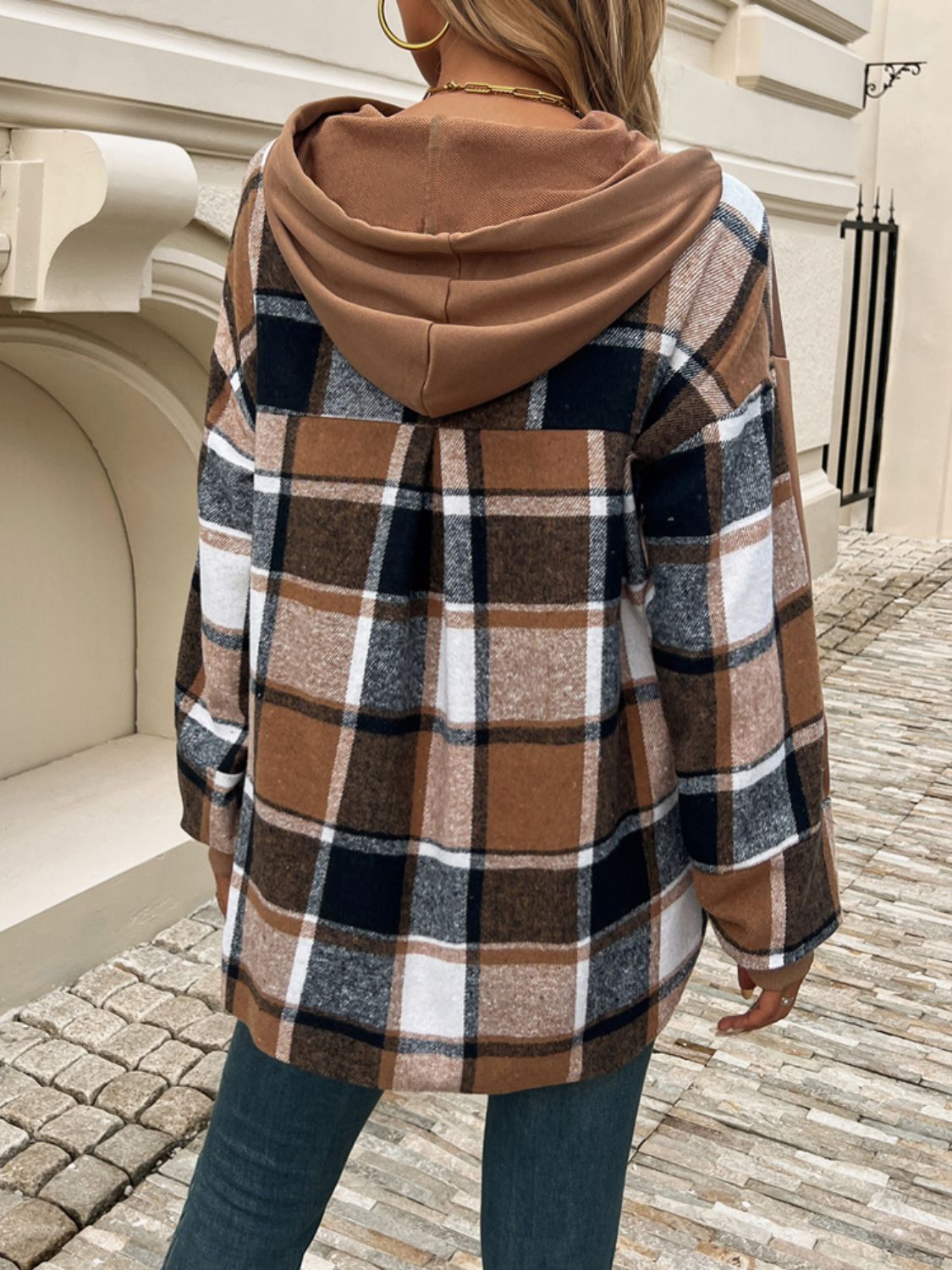 Drawstring Plaid Long Sleeve Hoodie