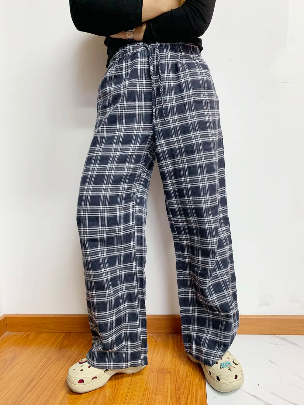 Plaid Drawstring Wide Leg Pants -