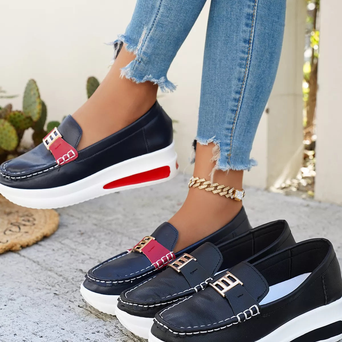 Metal Buckle Round Toe Slip-Ons -