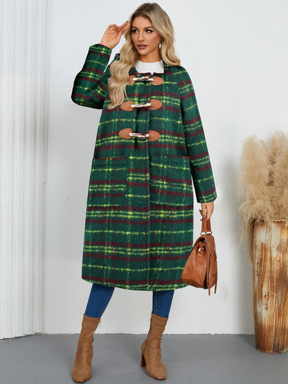 Plaid Long Sleeve Hooded Coat - Dark Green