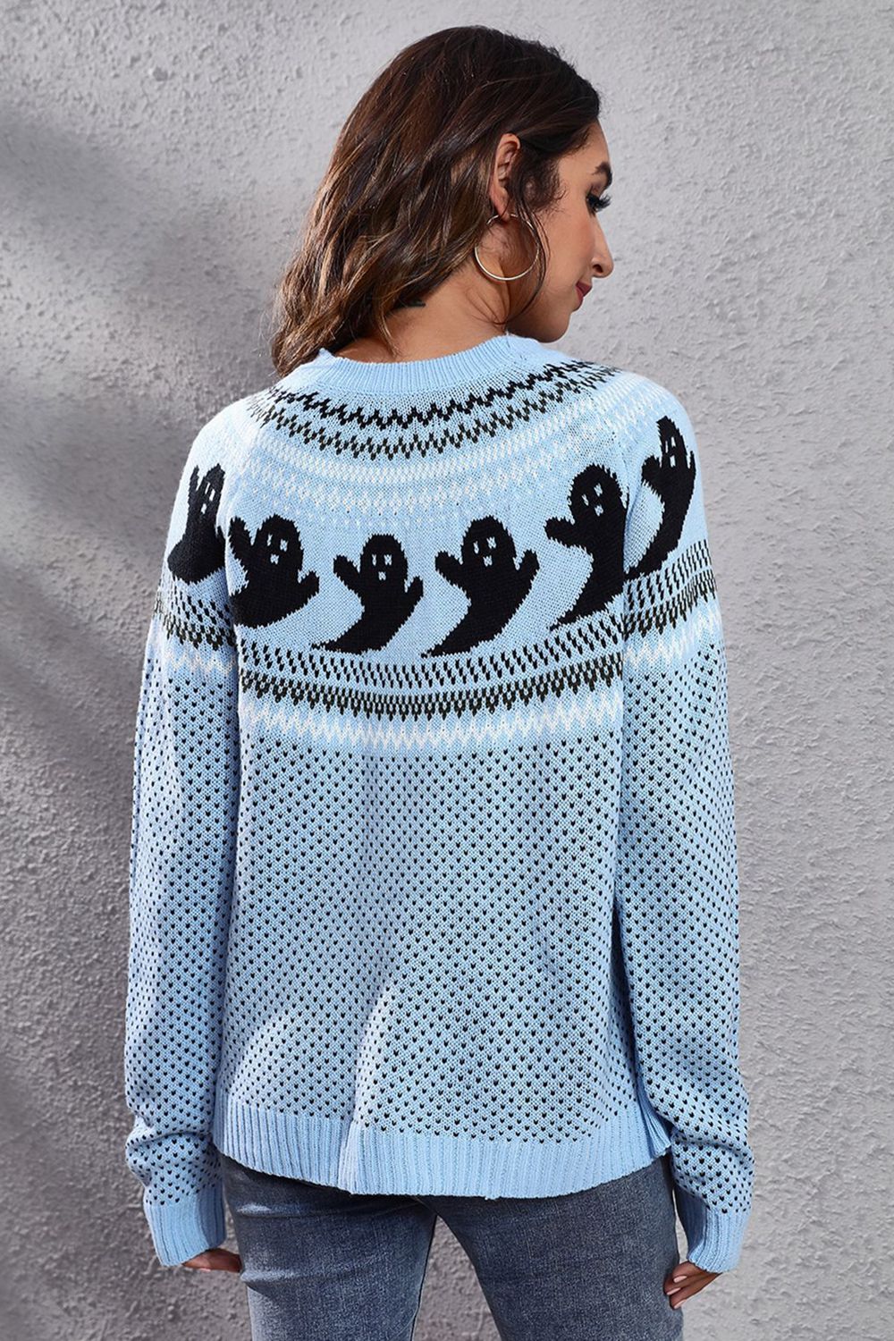 Ghost Pattern Round Neck Long Sleeve Sweater