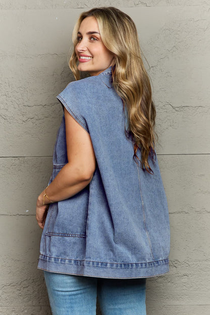 Collared Neck Sleeveless Denim Top -