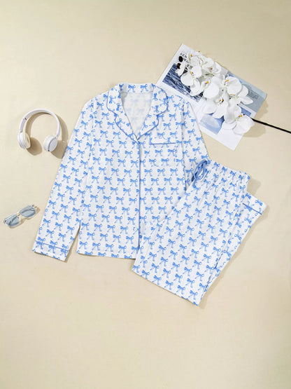 Bow Print Long Sleeve Shirt and Pants Pajama Set -