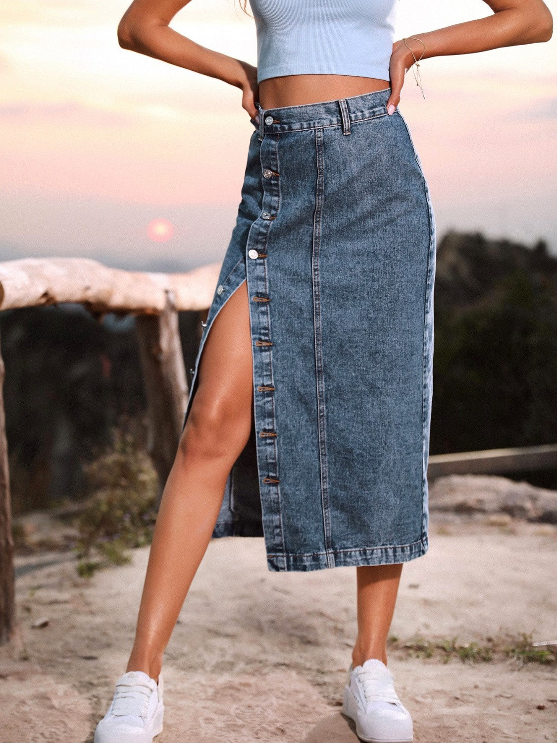 Button Down Denim Skirt - Navy