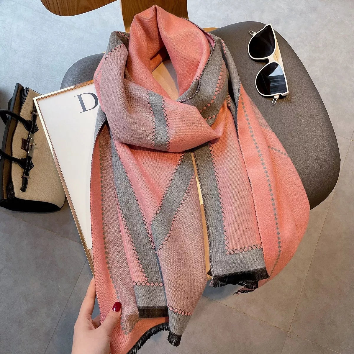 Raw Hem Contrast Scarf - Dusty Pink One Size