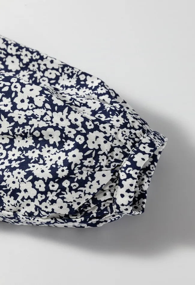 Floral Print Notched Long Sleeve Blouse -