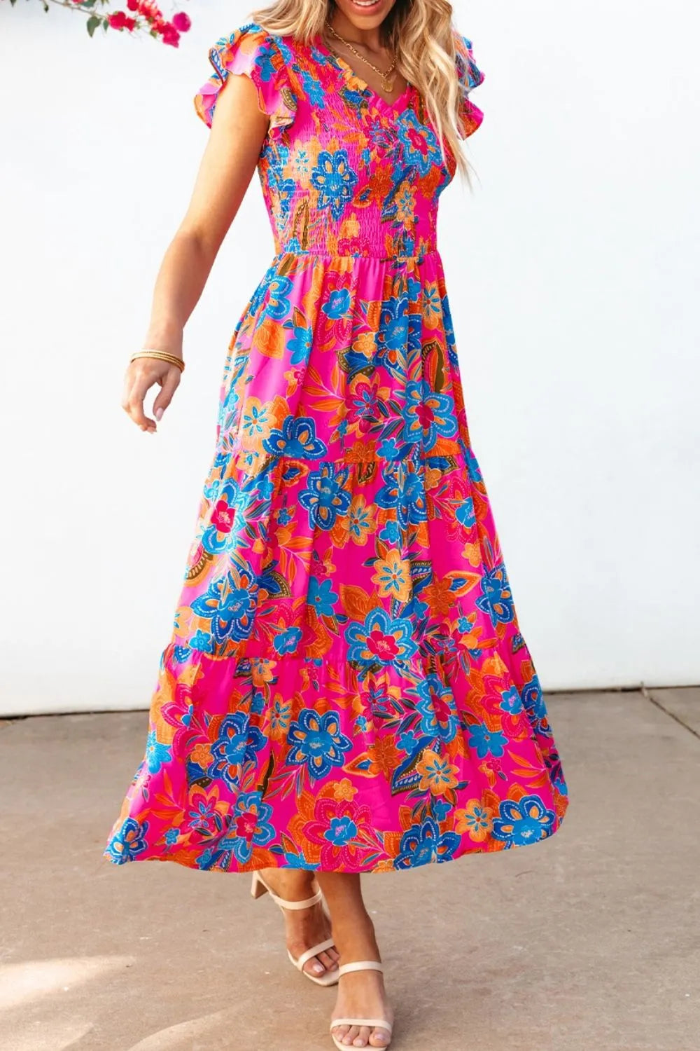 Boho Floral V-Neck Ruffle Tiered Dress -