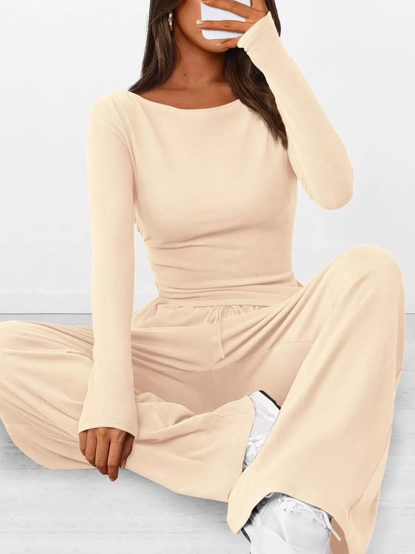 Long Sleeve Top and Wide Leg Pants Set - Ivory