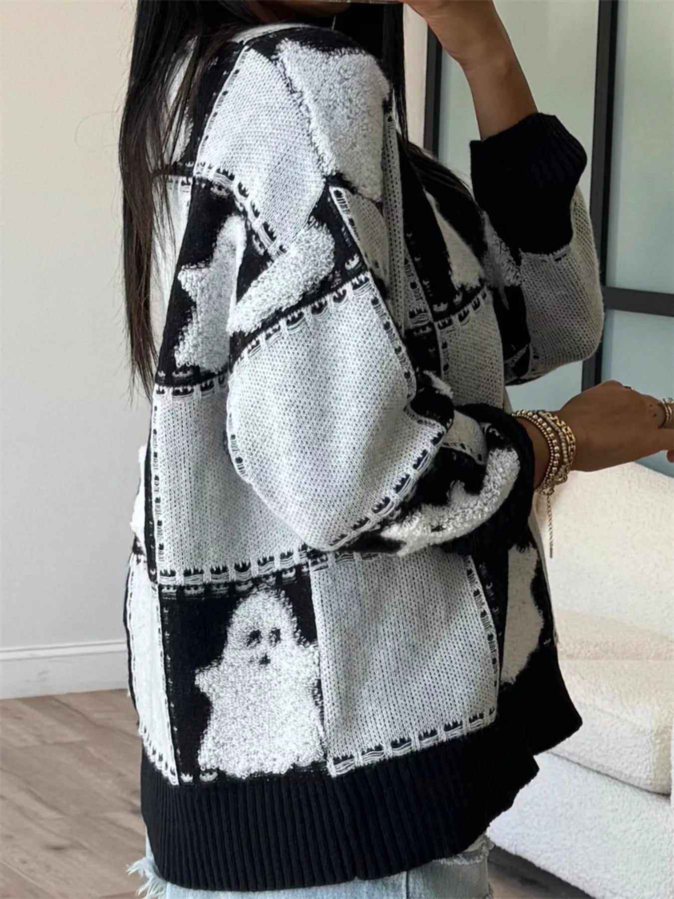 Ghost Checkered Drop Shoulder Sweater - Black White