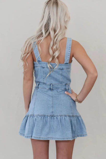 Hem Button Front Square Neck Denim Dress -
