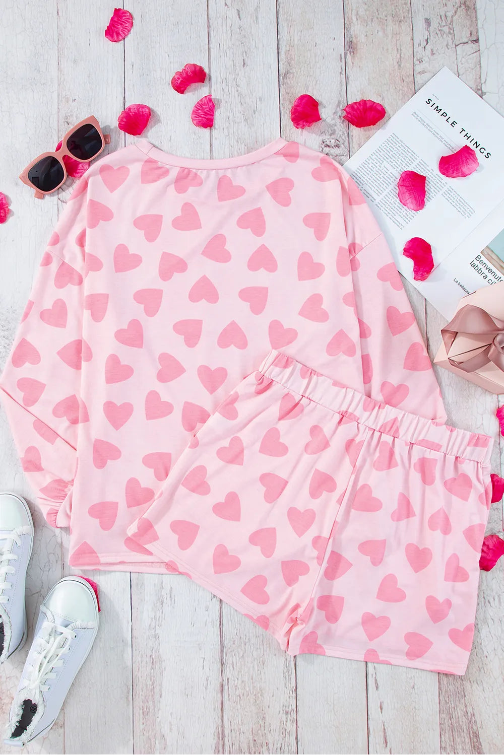Heart Print Long Sleeve Top and Shorts Lounge Set -