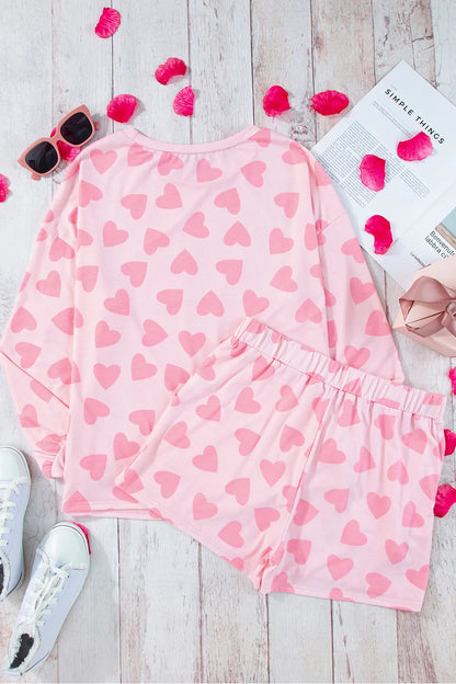 Heart Print Long Sleeve Top and Shorts Lounge Set -