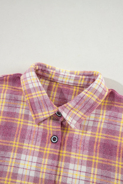 Plaid Collared Neck Button Up Shacket - Pink