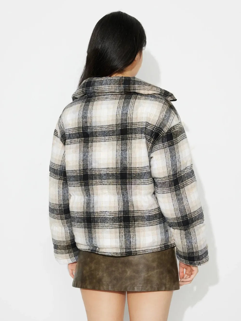 Plaid Zip Up Long Sleeve Jacket - Gray