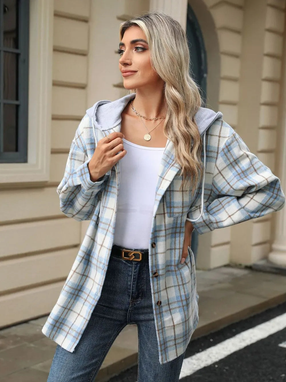 Drawstring Plaid Button Up Hooded Jacket -