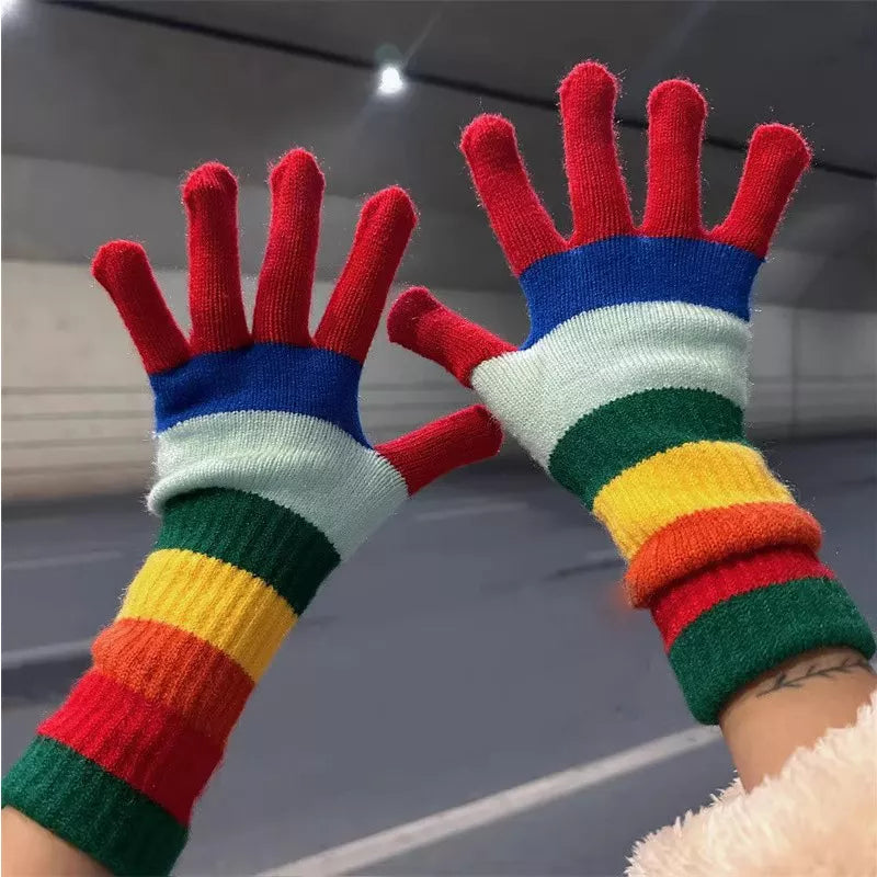 Colorful Striped Knitted Gloves - Red One Size