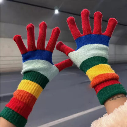 Colorful Striped Knitted Gloves - Red One Size