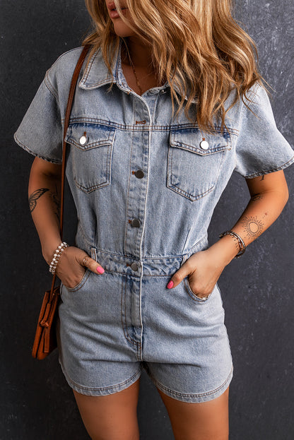 Collared Neck Short Sleeve Denim Romper - Light