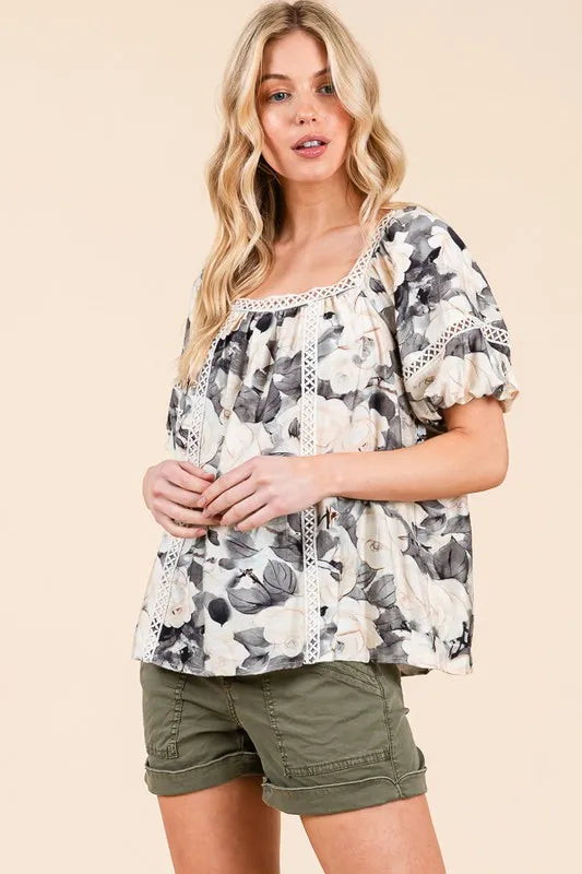 Floral Print Lace Trim Puff Sleeve Blouse -
