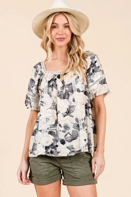 Floral Print Lace Trim Puff Sleeve Blouse -