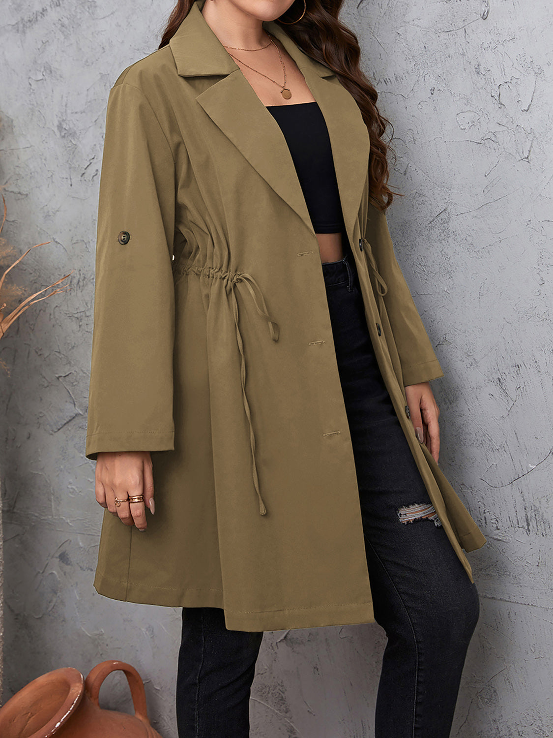 Plus Size Lapel Collar Drawstring Roll-Tab Sleeve Trench Coat - Mocha