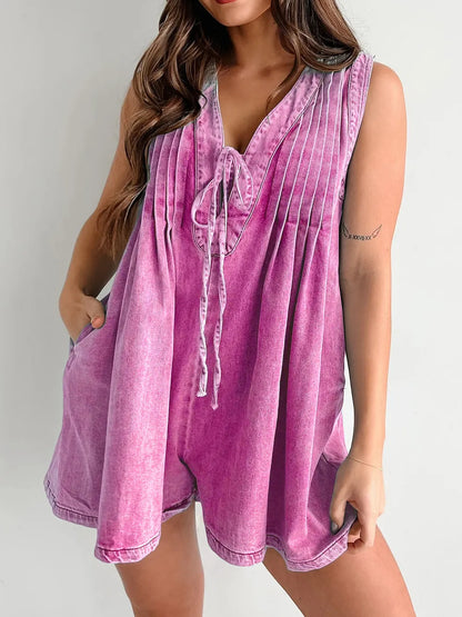 Tied Romper with Pockets - Hot Pink