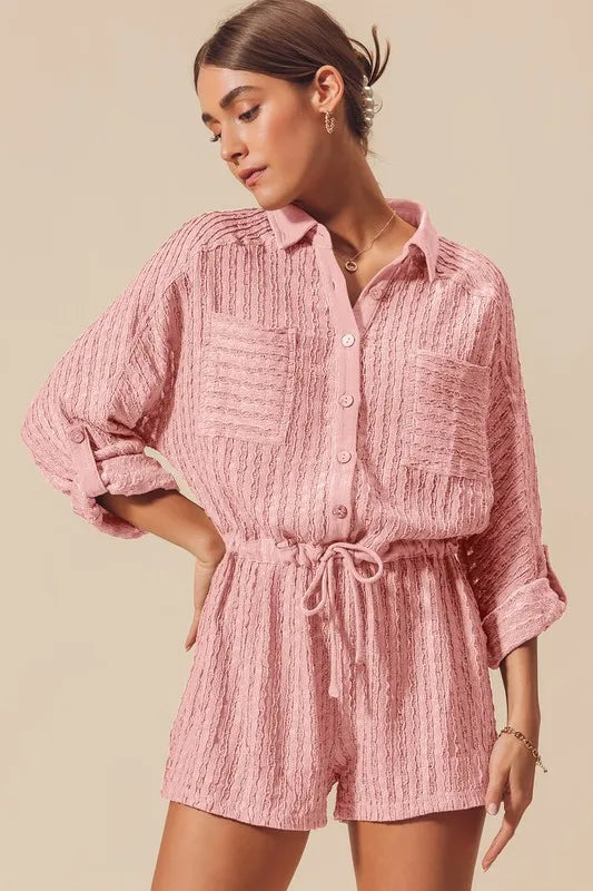 Textured Knit Button Front Romper - Dusty Pink