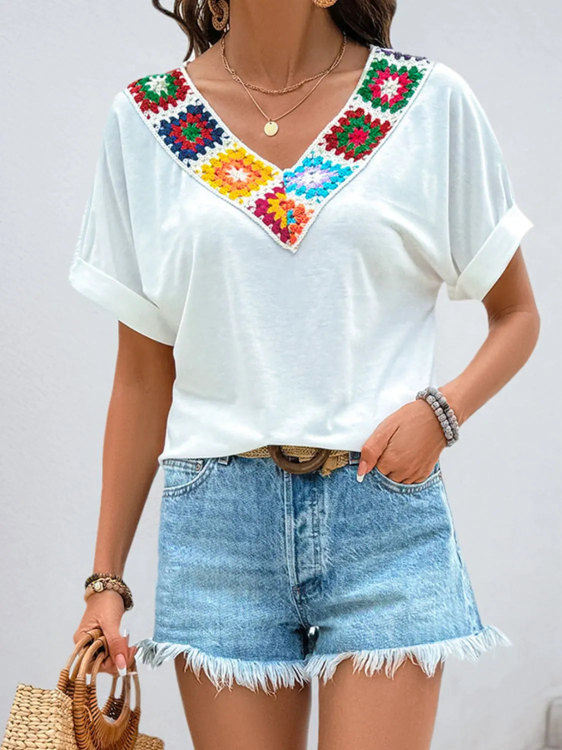 Contrast V-Neck Short Sleeve Top -