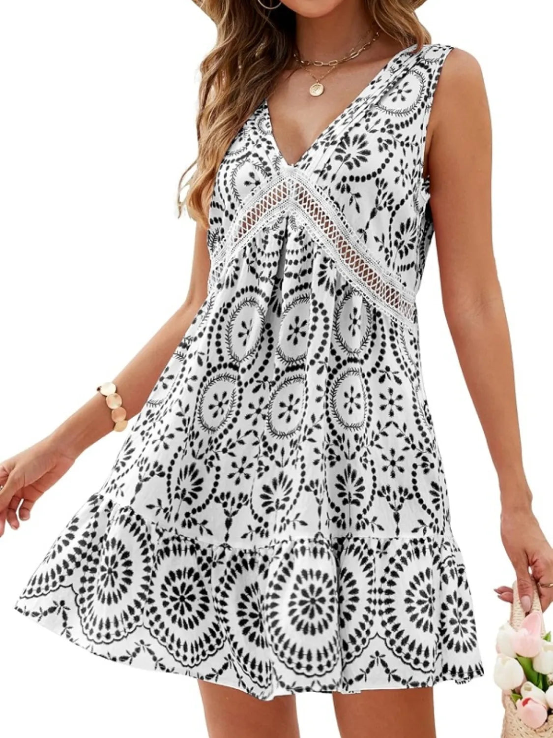Printed V-Neck Sleeveless Mini Dress - Black