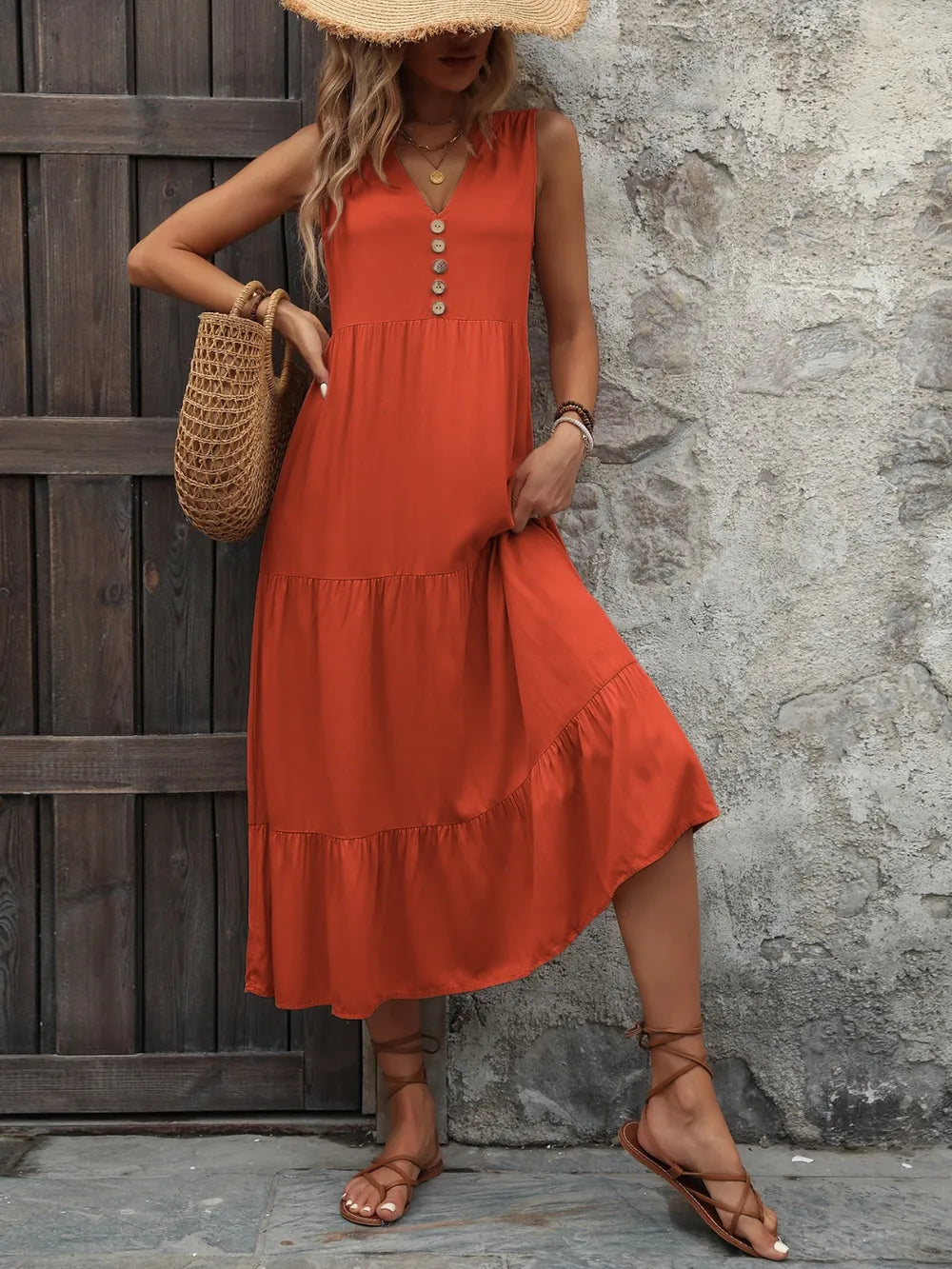 Decorative Button Notched Sleeveless Dress - Orange-Red