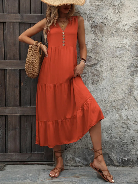 Decorative Button Notched Sleeveless Dress - Orange-Red