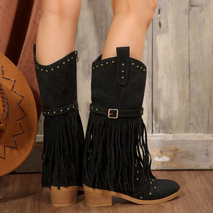 Fringe Point Toe Block Heels Boots - Black